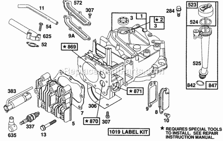 CylinderCyl HeadOil Fill Diagram and Parts List for 125702-0113-01  Briggs and Stratton Engine